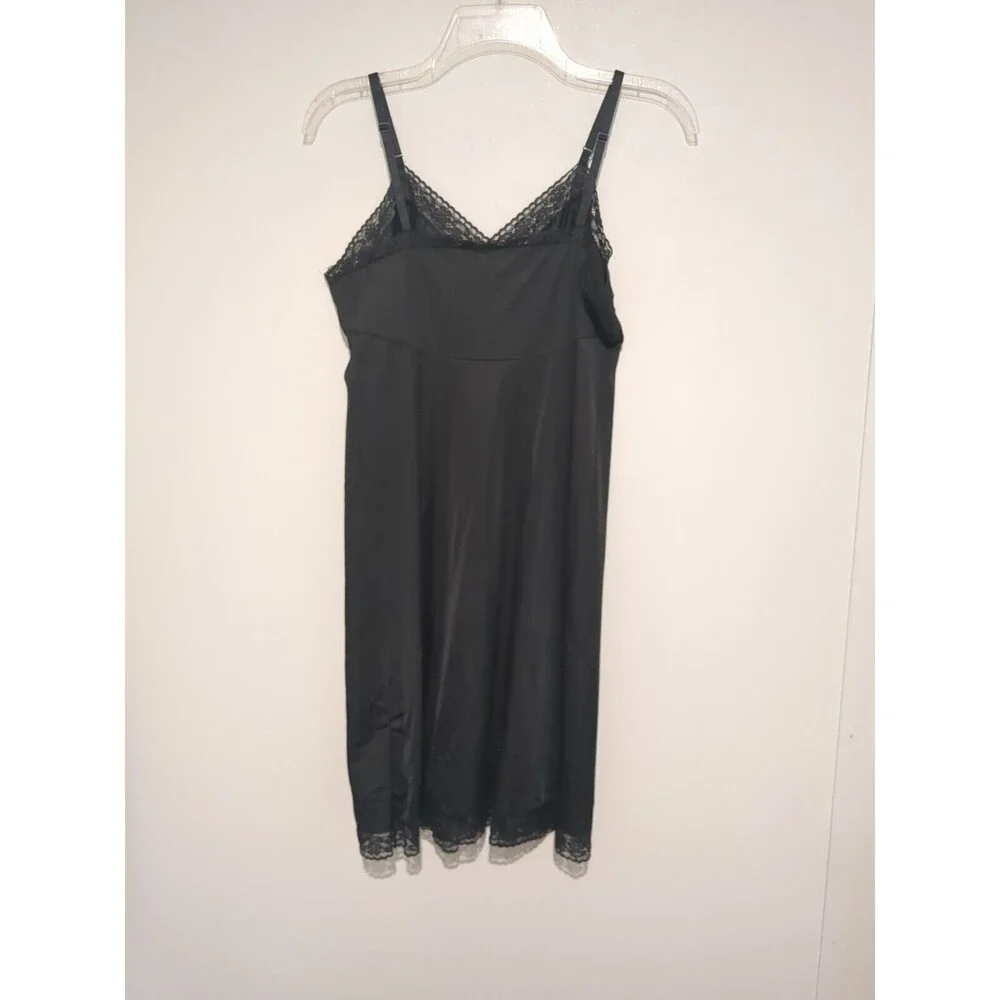 Vintage 70s Vanity Fair Black Nylon Tricot Full Slip Lace Trim 36 S Short